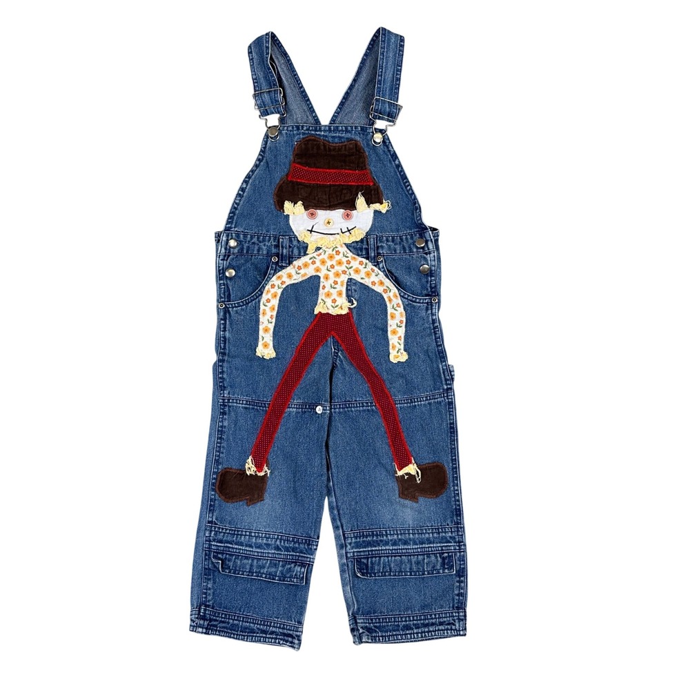 Wonderkids Denim Scarecrow Applique Fall Harvest Overalls Blue Jean Dungarees